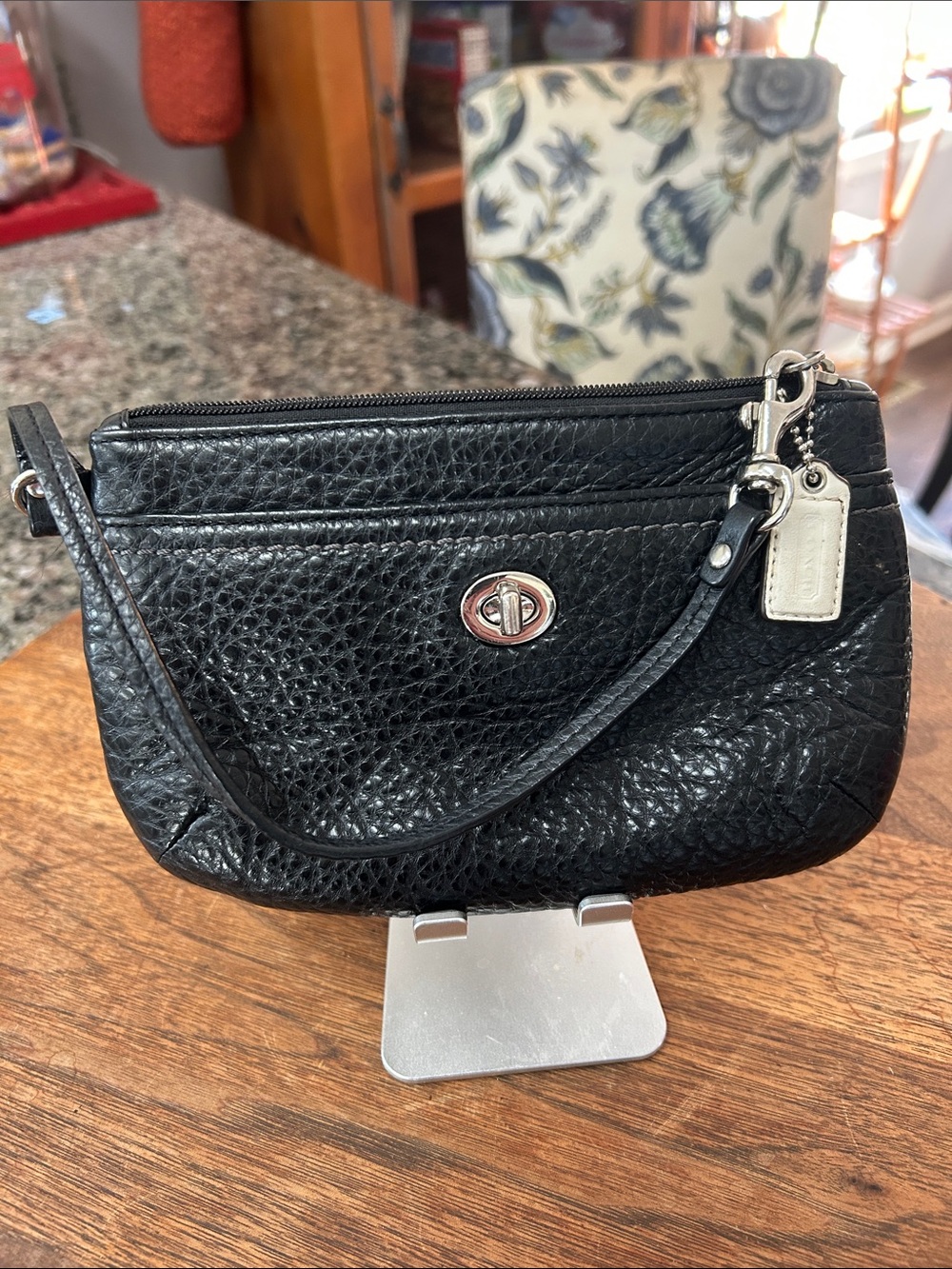 Coach Black Pebbled Leather Wristlet with Silver Hardware and Tag
